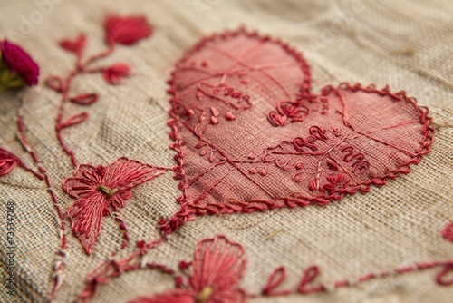 Close up view of red linen embroidery love icon