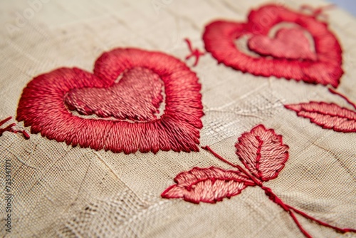 Close up view of red linen embroidery love icon