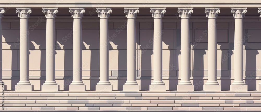 Pillars of Tradition. Detailed Stone Columns and Staircase Adorn the Classical Facade of the Building. Pillars of Tradition. Detailed Stone Columns and Staircase Adorn the Classical Facade of the Building.