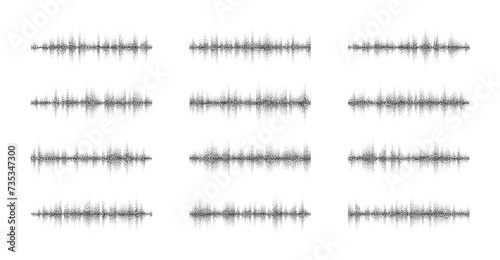 Music sound waves set. Audio technology, grain dotted musical pulse. Modern sound wave equalizer. Music track sound wave design. Audio frequency line, radio voice sound wave. Vector illustration photo