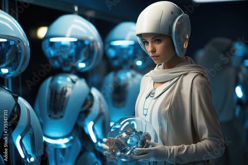 A woman doctor in a modern clinic in a helmet stands near robots. Concept of the future, humanoid robot, technology, artificial intelligence photo