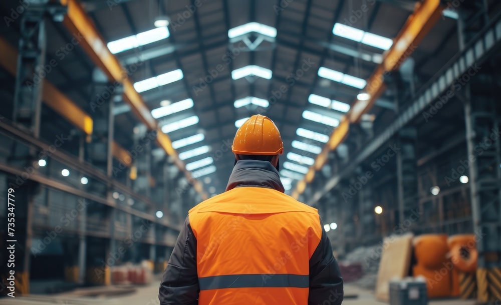 Worker engineer architect in a protective orange hat in production, warehouse, factory Worker engineer architect in a protective orange hat in production, warehouse, factory