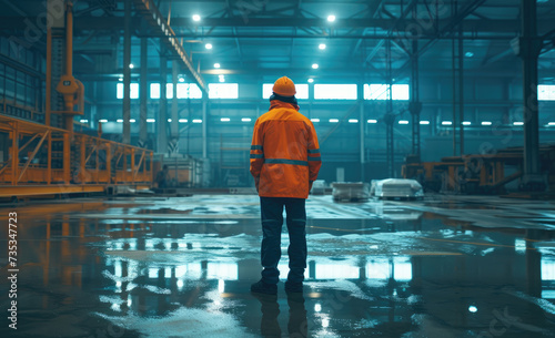 Worker engineer architect in a protective orange hat in production, warehouse, factory
