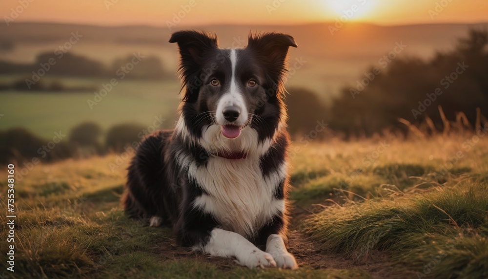 Border Collie dog, dog at dawn, purebred dog in nature, happy dog, beautiful dog