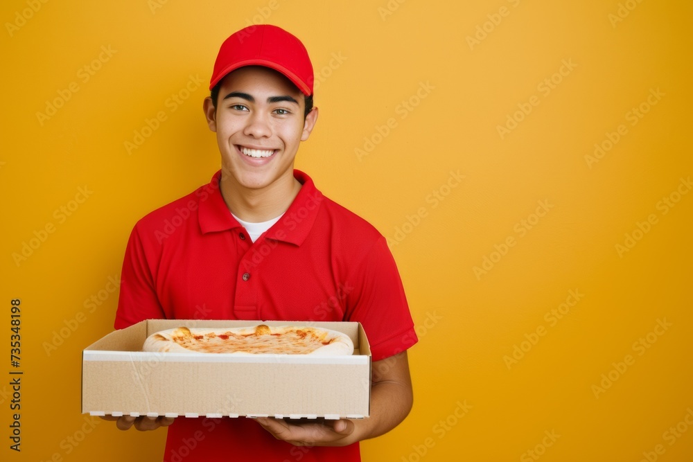 pizza delivery man with work uniform picking up pizza boxes over isolated yellow background with thumbs up because something good has happened pizza delivery man with work uniform picking up pizza boxes over isolated yellow background with thumbs up because something good has happened