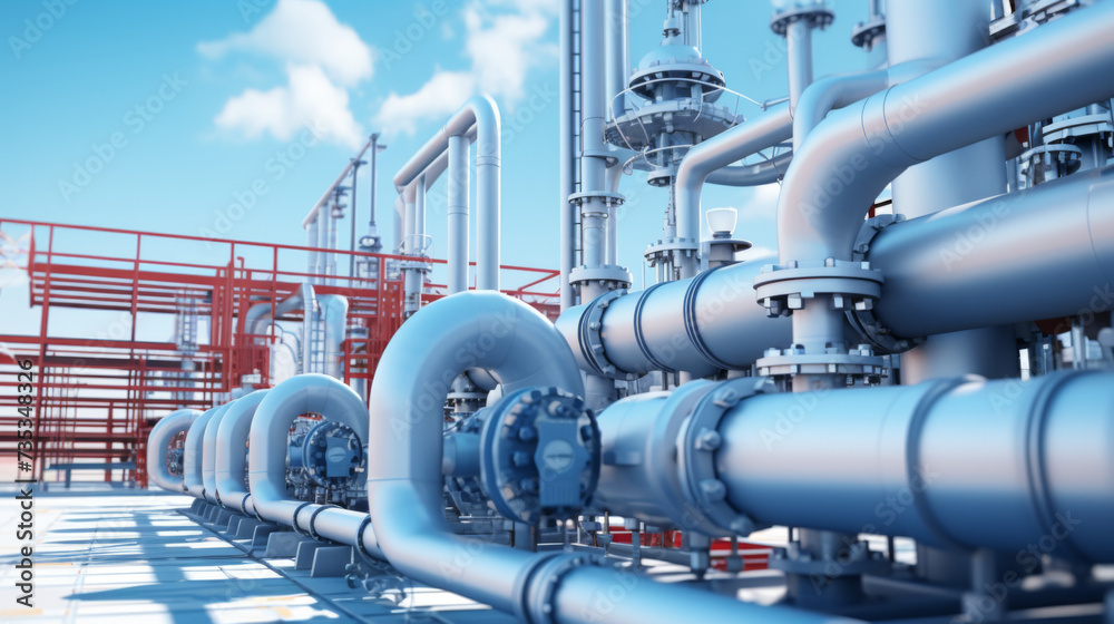 Industrial Pipelines and Valves Against Blue Sky Background Industrial Pipelines and Valves Against Blue Sky Background