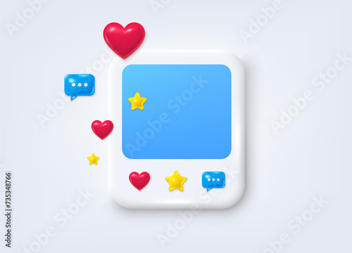 Social media photo 3d frame with heart, like, message. Clean empty photo post template. Frame photo banner with chat speech bubble. Social media post 3d frame with icons. Vector illustration