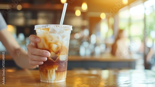 Cafe customer holding iced coffee with straw, blurred background, copy space for text placement