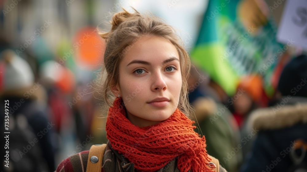 girl at woman empowerment strike on street. Portrait of mixed race girl in rally to protest on equality girl at woman empowerment strike on street. Portrait of mixed race girl in rally to protest on equality