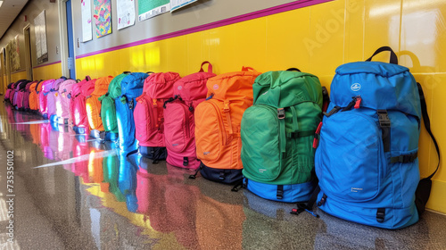 Many colorful backpacks lined the wall in the school hallway, waiting for students to return at the end of the day. Concept back to school, learning, education.