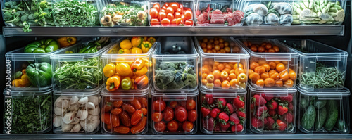 Banner. A variety of fresh vegetables, herbs and fruits are arranged in the supermarkets open showcase freezer. Organizing food storage in the refrigerator.