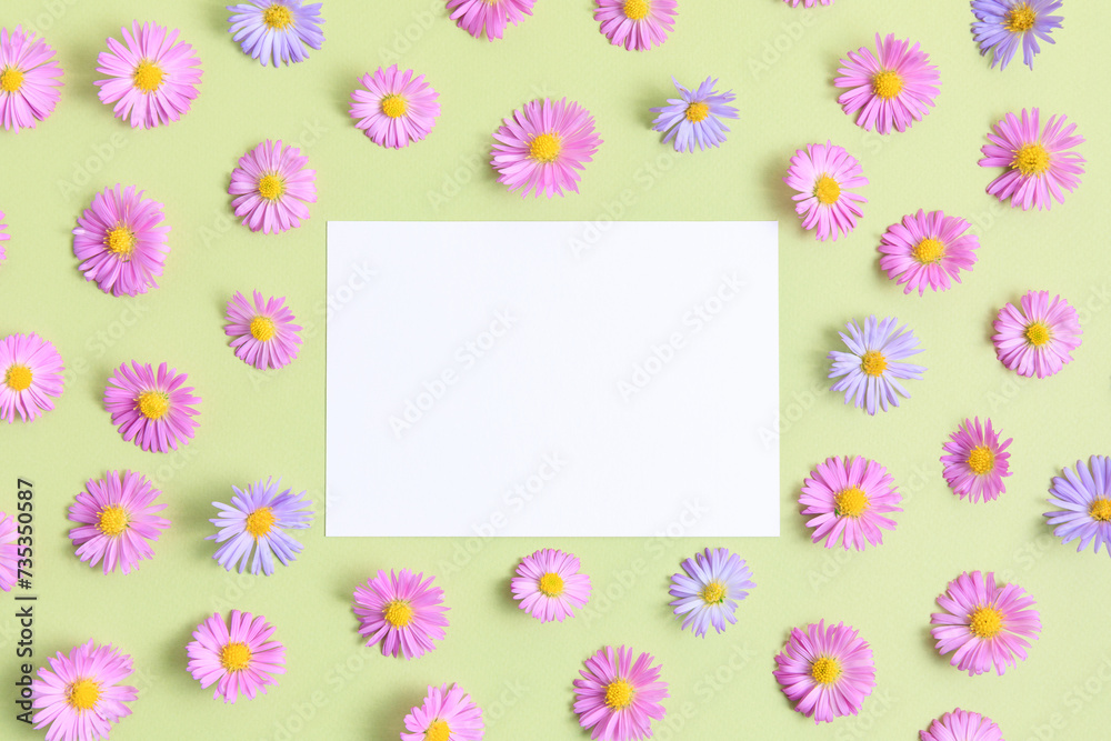 Greeting card template. Pink and purple flower aster on green table background with blank paper sheet. Flat lay, top view, mockup, copy space for text. Aesthetic stylish floral pattern.