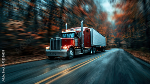 Truck Transportation logistics in motion: A red semi-truck barrels down a forest-lined road, autumn leaves blurring past, reflecting the urgency and reliability of the logistics industry