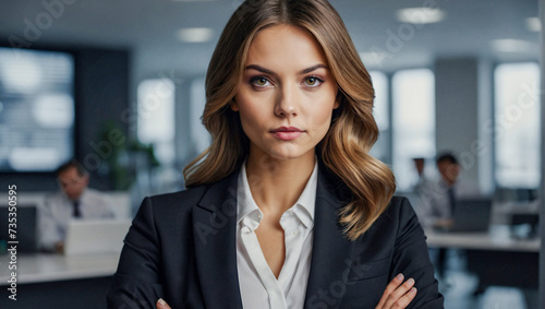 Portrait of confident young business woman with crossed arms, standing in corporate office. Woman manager, ceo, wearing black suit, looking at camera