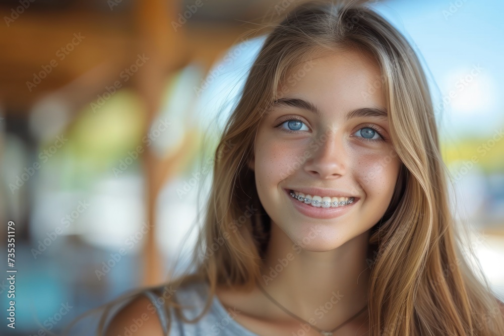 Smiling girl with braces on her teeth. Orthodontics and dental health. 