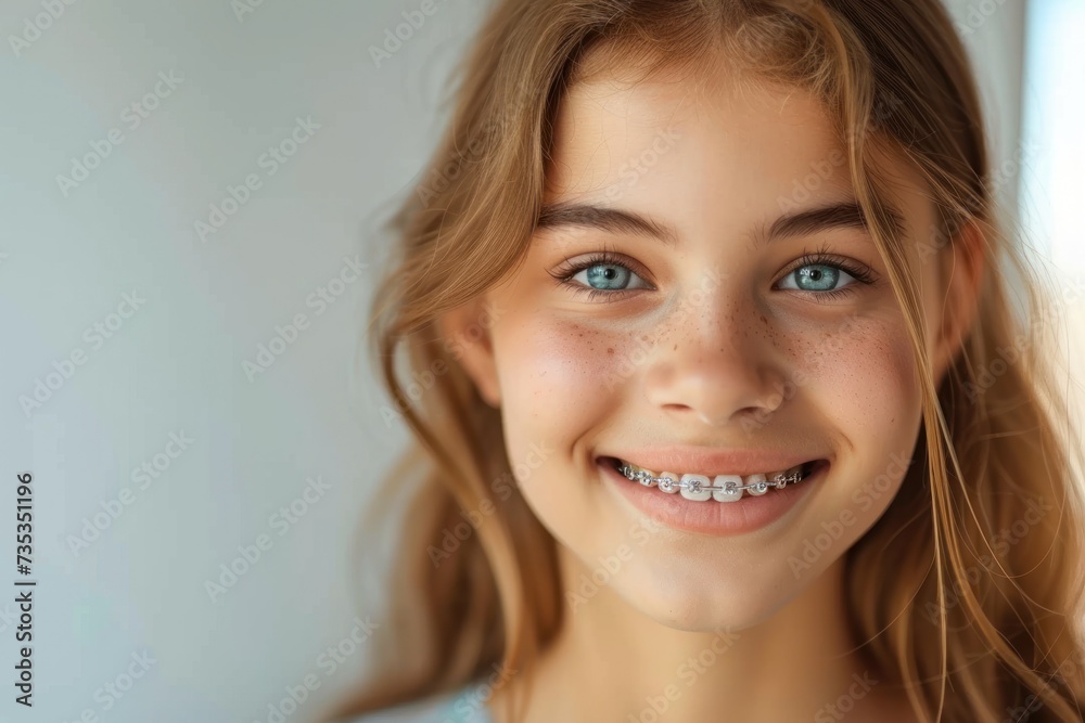 Smiling girl with braces on her teeth. Orthodontics and dental health. Smiling girl with braces on her teeth. Orthodontics and dental health.
