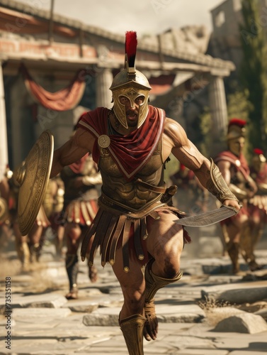 Spartan warrior in traditional armor ready for battle, with troops in the background.