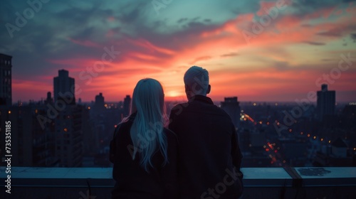 As the sun sets behind the towering skyscrapers, a man and woman stand on a ledge, silhouetted against the colorful evening sky, their clothing billowing in the gentle breeze as they admire the beaut