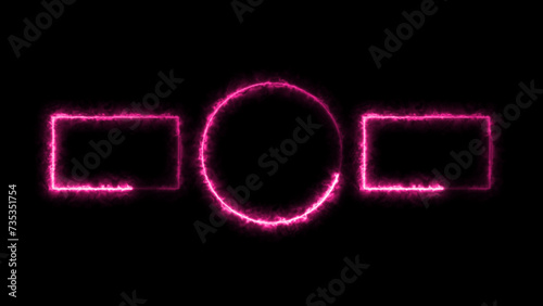 Rectangle and circle neon light frame red color animation. on black background.