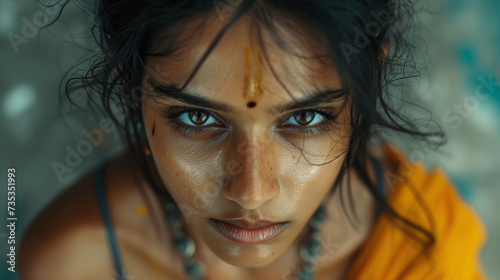 Portrait of a young Indian woman with a bindi on her forehead, close-up of a sad poor female with black brown eyes