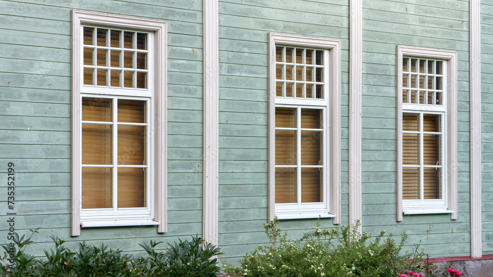 Fototapeta premium House windows, three window mullions against the backdrop of a sage green wooden plank wall, wooden interior blinds, flowers beneath the window. wood plank facade.