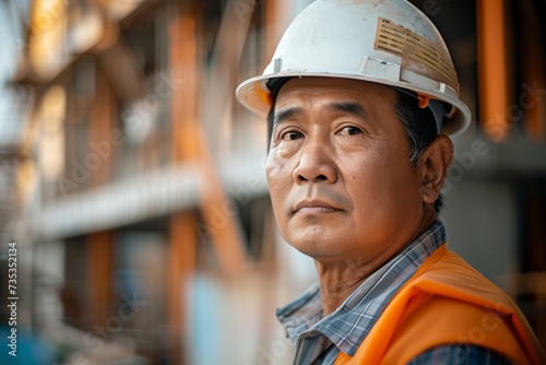 A bluecollar worker with determination etched on his human face, confidently wears his hard hat as he navigates the busy streets, ready to tackle the challenges of building and engineering in his out