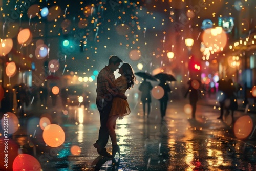 In the dark and wet streets, their bodies pressed together under the soft glow of the streetlight as they shared a passionate kiss in the pouring rain, their clothes drenched and clinging to their sk