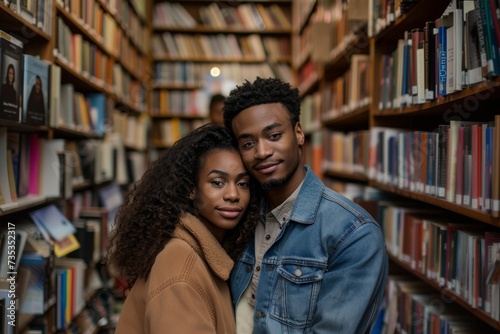 A couple captures the essence of knowledge and love amidst the towering shelves of books in a cozy public library, their faces radiating with joy and their clothing a testament to their shared passio photo