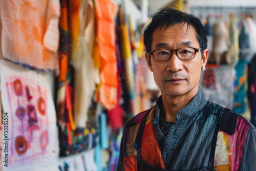 A stylish man sporting glasses gazes thoughtfully at a vibrant wall of fabric, showcasing his love for fashion in an indoor store