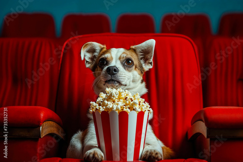 A content canine lounges in a vibrant red chair, munching on a bucket of buttery popcorn while his brown fur contrasts against the bold color