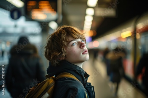 A young boy stands on a crowded subway platform, his eyes drawn upwards to the vibrant street fashion of a woman passing by in a stylish jacket