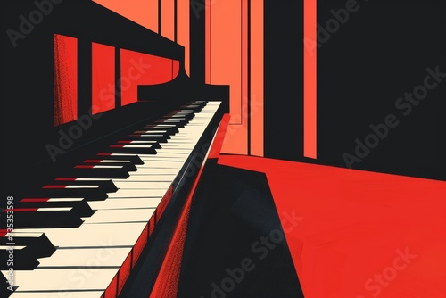 drawing piano and red door illustration, concert poster, art, 90s cartoon, retro style