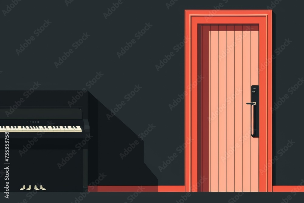 drawing piano and red door illustration, concert poster, art, 90s cartoon, retro style drawing piano and red door illustration, concert poster, art, 90s cartoon, retro style