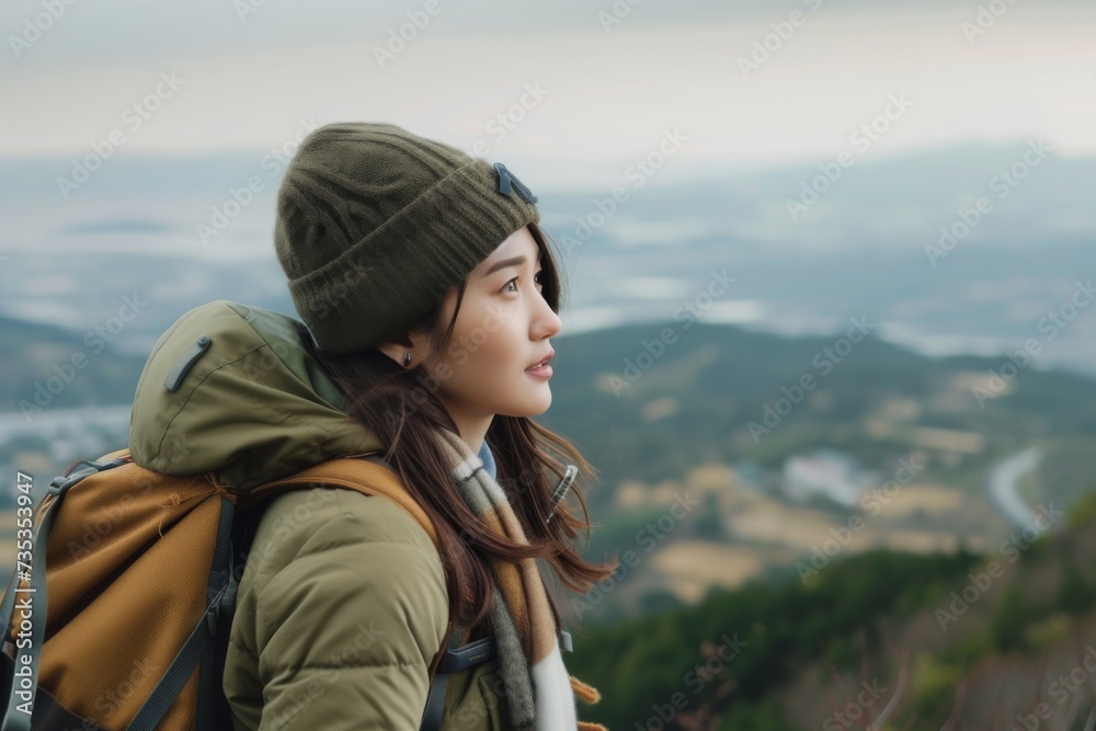A rugged woman stands atop a mountain, her backpack and scarf fluttering in the wind as she gazes out over the breathtaking valley below, lost in the beauty of the great outdoors