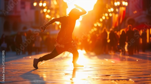 As the amber light of the setting sun bathes the street in a warm glow, a dancer gracefully moves to the beat of their own rhythm, the heat of the day forgotten as they sportively dance on the sidewa