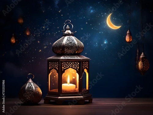 Ramadan Kareem Lantern with burning candle and night sky with waning crecent moon background
