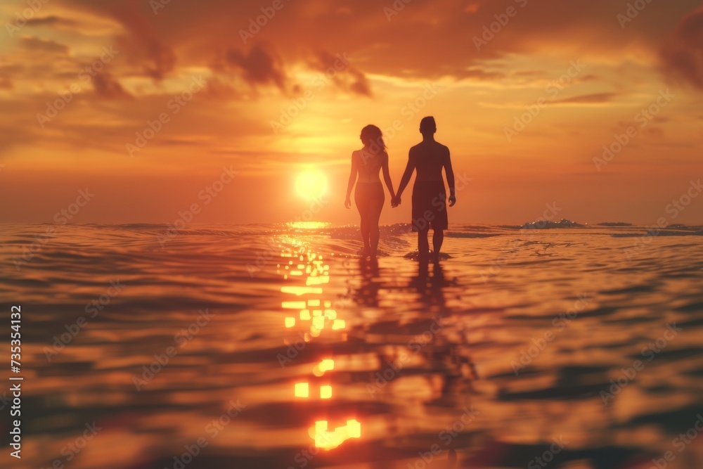As the sun sets behind them, a man and woman stand hand in hand, their silhouettes reflected in the tranquil ocean waters, enveloped by the afterglow of a peaceful day at the beach