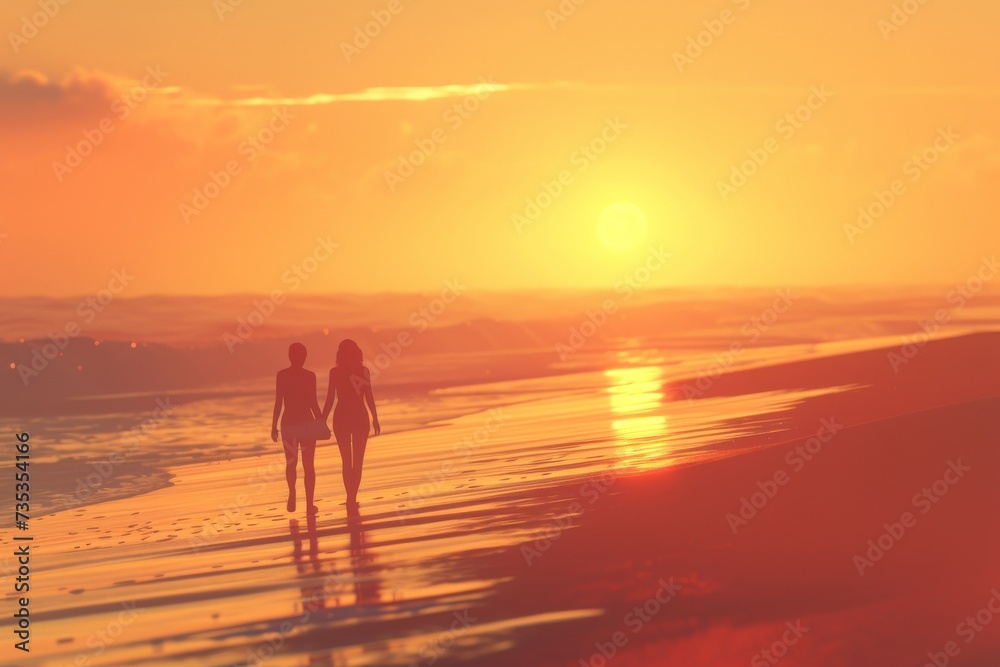 As the sun sets behind the horizon, two people walk along the sandy beach, their silhouettes outlined by the warm backlighting of the sky and water