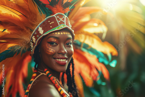 Joyful Carnival Dancer in Vibrant Feather Headdress Celebrating with a Radiant Smile