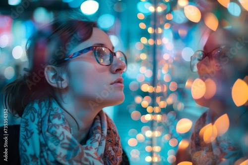 A stylish woman with glasses gazes intently at a dazzling christmas tree display, her face illuminated by the warm glow of the lights