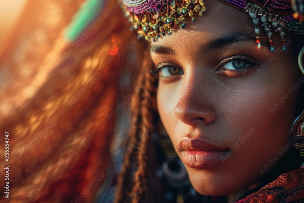 Captivating Young Woman with Traditional Beaded Headdress and Piercing Eyes