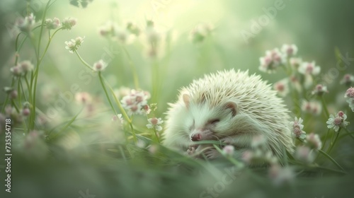 A spiky mammal blends into the lush green grass, surrounded by colorful flowers and other outdoor plants, as it forages for food in its natural habitat - a curious hedgehog in the wild © ChaoticMind