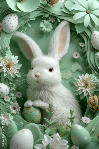 Cute Easter bunny on paper cut mint green floral background. Holiday and religion concept. For Happy Easter celebration. Paper art animal for banner, wallpaper, poster, card