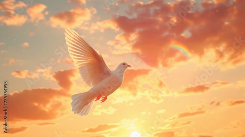 Symbol of Peace. A White Dove Soaring with Freedom Amidst Sunset's Wide Sky Background.