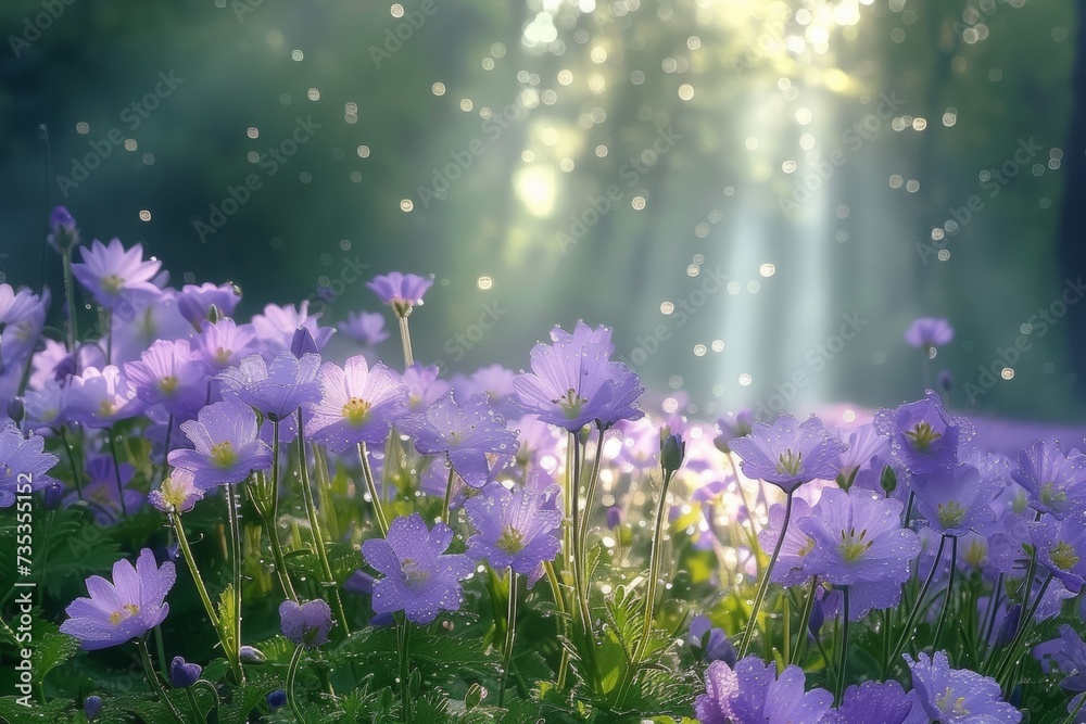 Obraz premium Daisy on green sunny spring meadow. Luminous blurred background with light bokeh and short depth of field