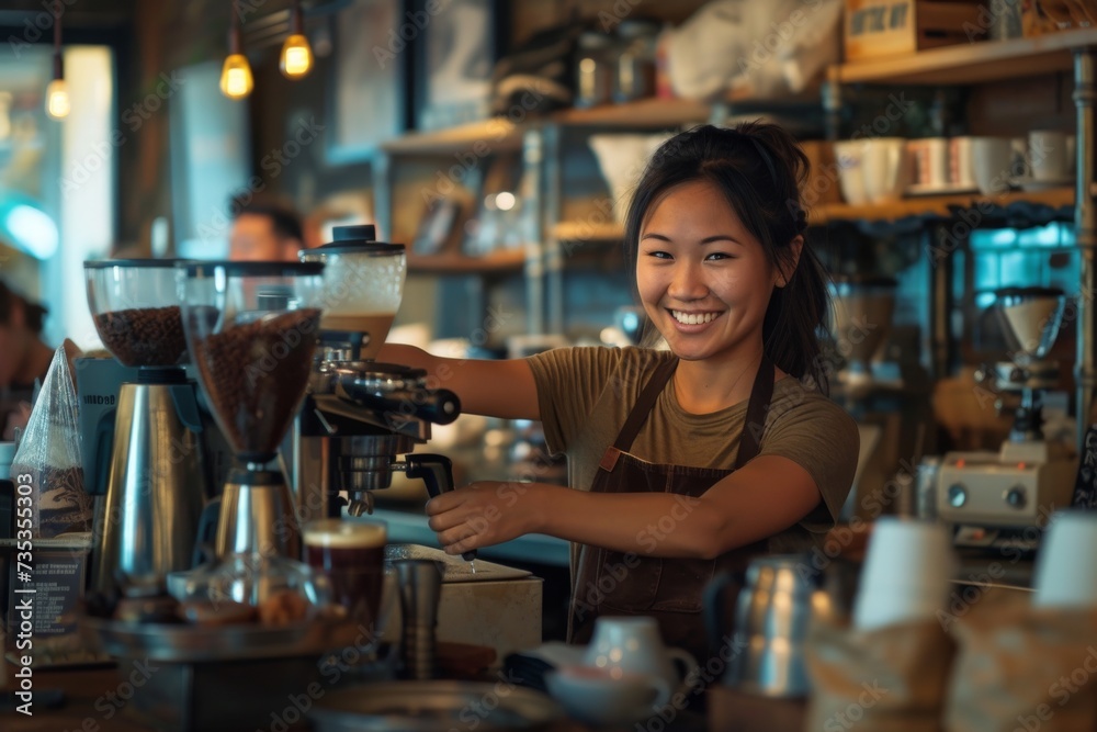 A stylish woman with a warm smile stands in a bustling restaurant, expertly preparing a cup of coffee from the sleek bar as she wears a crisp apron and holds a bottle of rich espresso, her focused ex