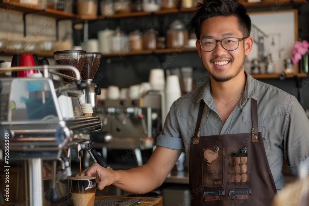A smiling man in glasses, dressed in casual clothing, stands in a cozy kitchen surrounded by shelves and a wall of coffee options as he prepares to make himself a warm cup of comfort in the bustling 