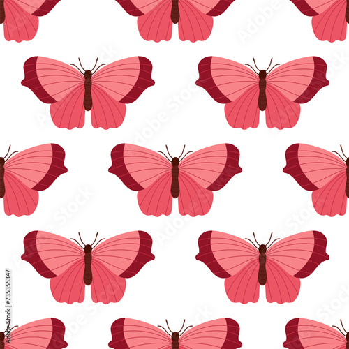 Seamless Butterfly pattern. Hand drawn sketch element. Beautiful insect in flight. Minimalist Color Nature Illustration. Red Flying butterfly. Repeated background for wallpaper, textile, wrapper. © Елена Кутузова