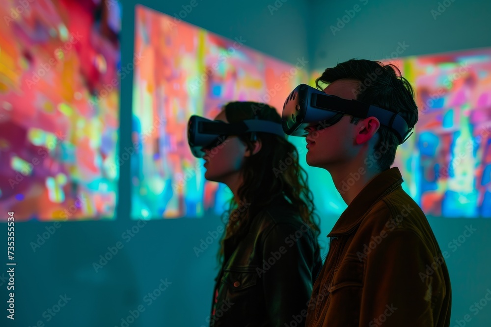 A couple's virtual reality experience transports them into a surreal world of vivid art and endless possibilities, their faces illuminated with wonder as they explore the colorful walls of their virt