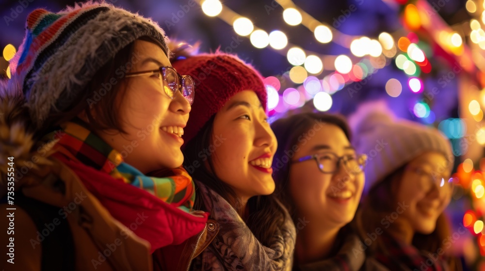 Joyful women embrace the festive spirit, adorned in stylish glasses and holiday attire, as they bask in the warm glow of christmas lights outdoors